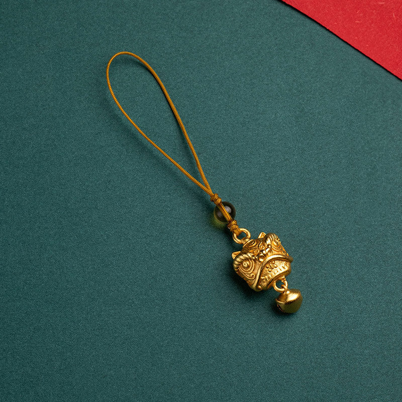 Dancing Guardian Lion Brass Copper Phone Charm with Ping An Kou & Ruyi Symbols