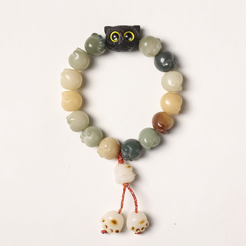 Natural Bodhi Seed Lovely Paw Ebony Wood Lucky Cat Wisdom Bracelet