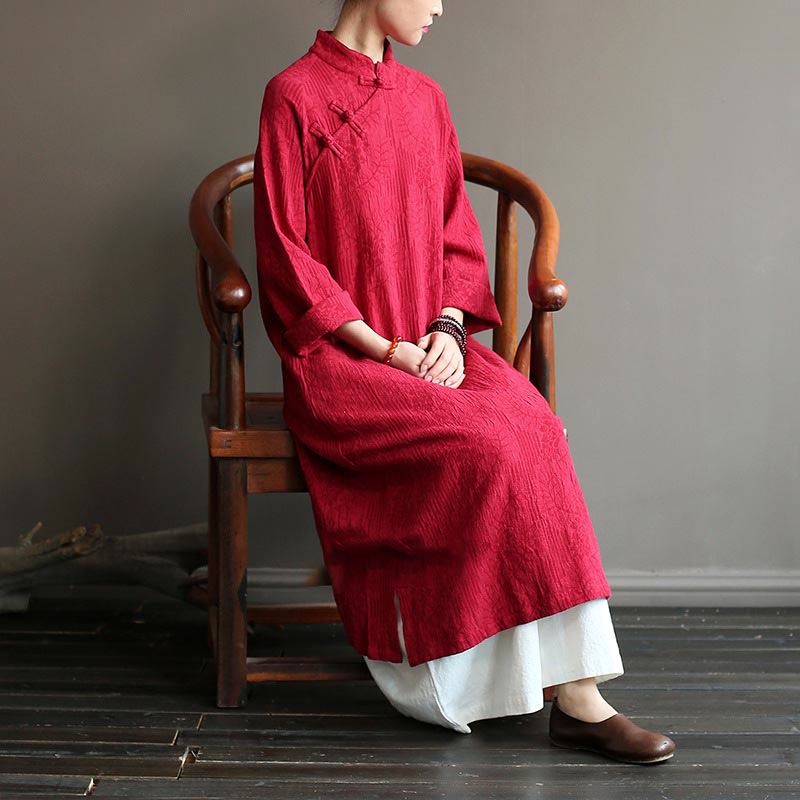 Flower Jacquard Midi Dress Long Sleeve Cotton Linen Dress Wide Leg Pants With Pockets