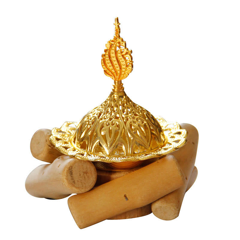 Mini Gold Alloy Buddha Incense Burner with Protective Wooden Coaster