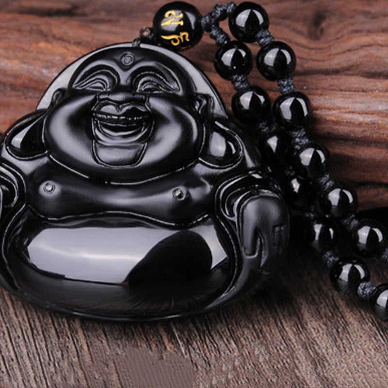 Laughing Buddha Black Obsidian Transformation Pendant Necklace
