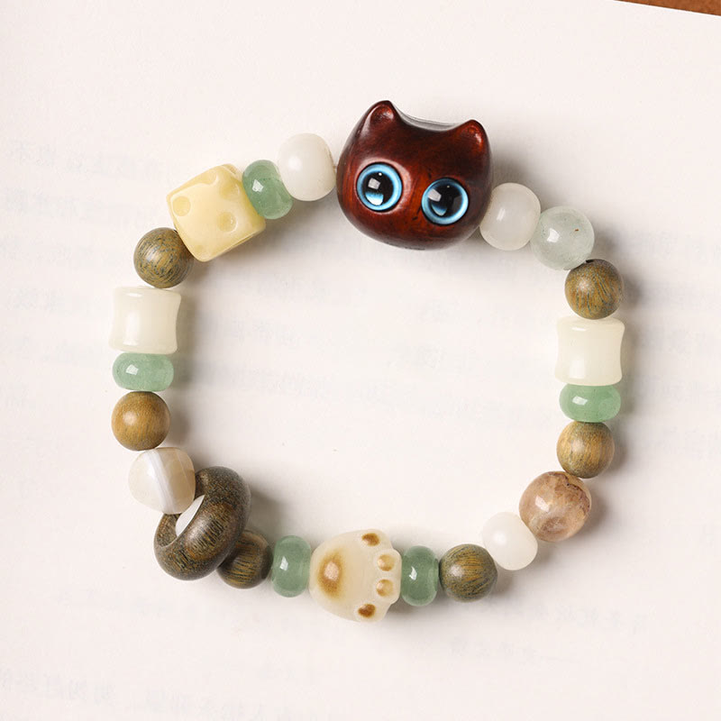 Bodhi Seed Green Sandalwood Ebony Wood Small Leaf Red Sandalwood Cat Head Paw Claw Peace Bracelet