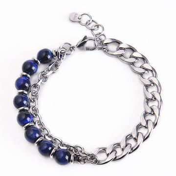 Blue Tiger Eye and Steel Chian Mixed Strength Bracelet