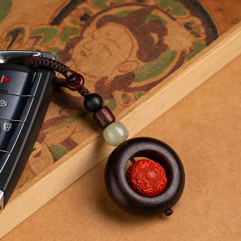 Red Sandalwood & Jade Cinnabar Keychain with Om Mani Padme Hum, Pixiu, or Copper Coin
