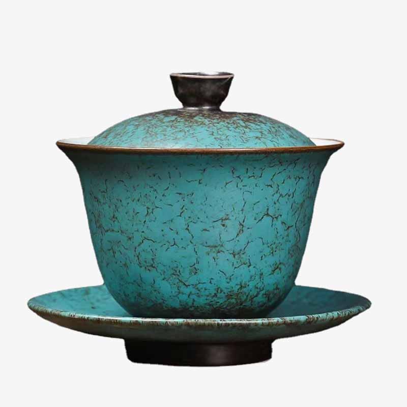 Traditional Pine Tree Green Ceramic Gaiwan Sancai Teacup Kung Fu Tea Cup And Saucer With Lid