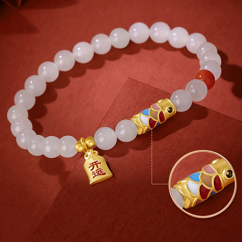 925 Sterling Silver Koi Fish Red Agate & Hetian White Jade Beaded Bracelet