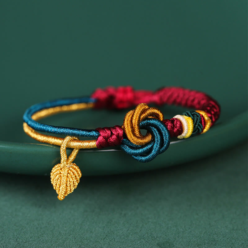 Handmade Tibetan Endless Knot Leaf Charm Cord Bracelet