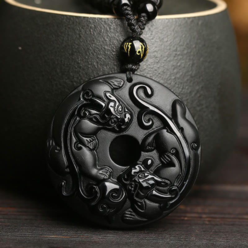 Natural Black Obsidian Peace Buckle Pixiu Bead Rope Strength Necklace Pendant