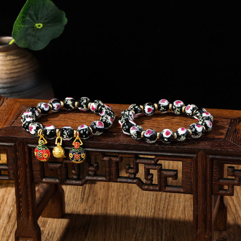 Gold Swallowing Beast Family Pink Love Heart Luminous Fluorescent Liuli Glass Bead Bracelet