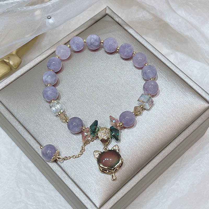 Natural Purple Jade and Clear Quartz Fox Charm Beaded Bracelet