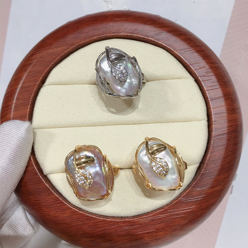 Pearl Copper Plated Gold Flower Happiness Wealth Ring