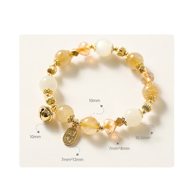14K Gold Plated Golden Rutilated Quartz Wealth Bell Lucky Fortune Charm Bracelet