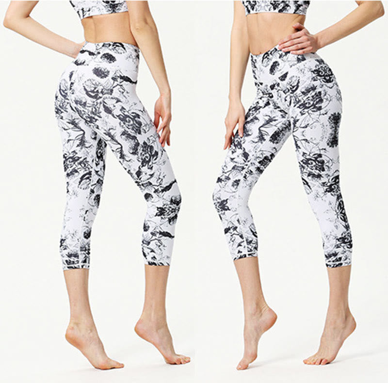 Leaves Butterfly Print Sports Yoga Cropped Leggings Women's Yoga Capri Pants