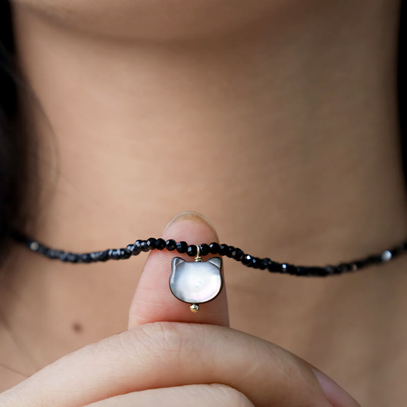Black Spinel Cute Cat Motivate Choker Necklace