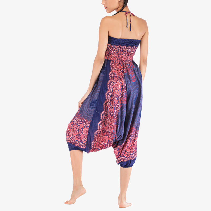 Two Style Wear Round Geometric Pattern Loose Smocked Harem Trousers Jumpsuit High Waist Women's Yoga Pants