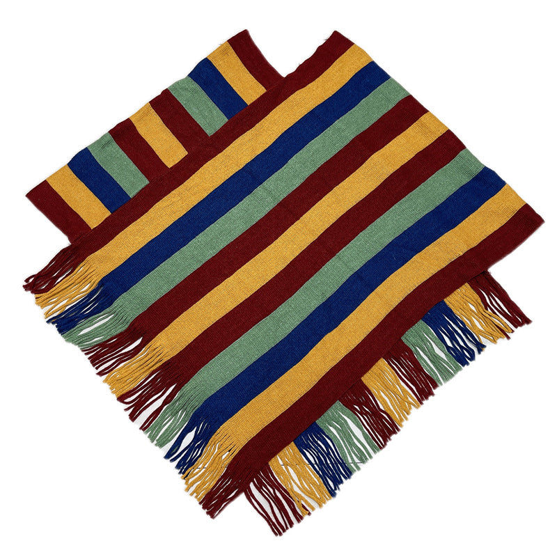 Knitted Striped Tassel Pullover Meditation Shawl Wrap