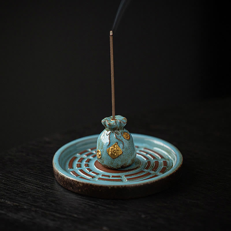 Ceramic Bagua Tray & Symbolic Wealth Vessel Stick Incense Burner