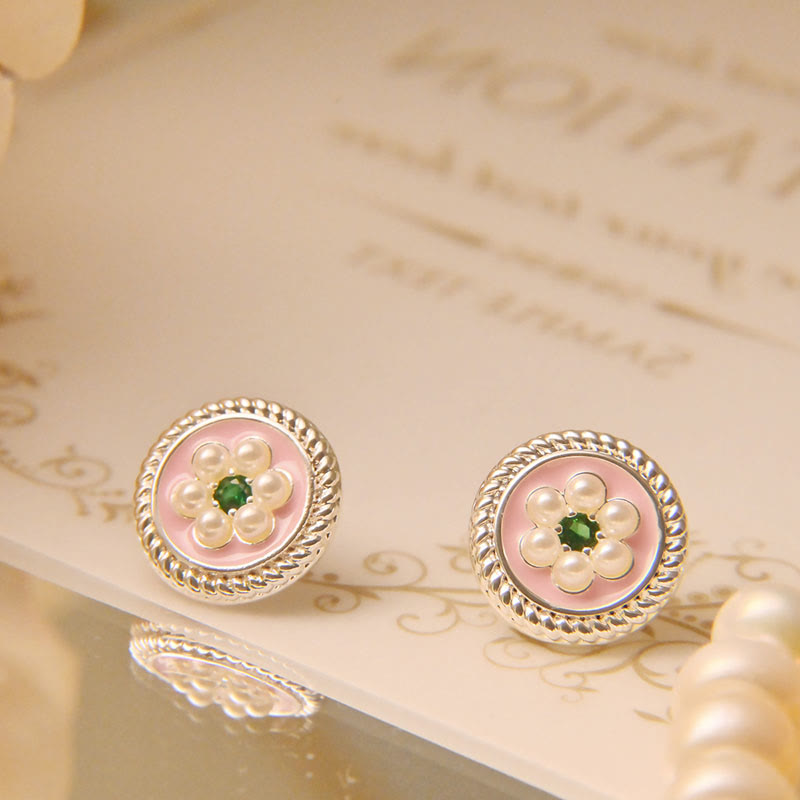 Gold & Sterling Silver Enamel Flower Earrings with Copper Accents
