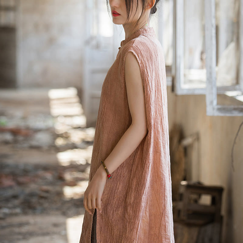 Handmade Tie Dye Ramie Linen Frog-Button Sleeveless Vest