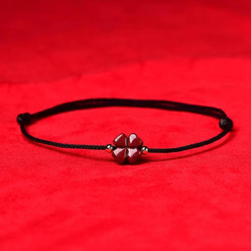 Handmade Cinnabar Four Leaf Clover Charm Red String Bracelet Anklet