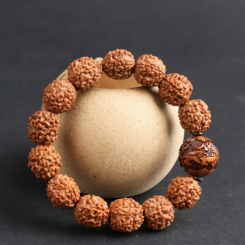 Energetic Rudraksha Bodhi Seed Pixiu Copper Chinese Coin Bracelet