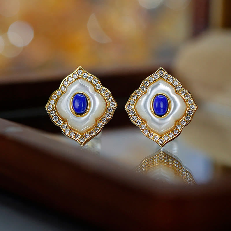 925 Sterling Silver Tridacna Stone Lazurite Prismatic Design Blessing Earrings Necklace Pendant Jewelry Set