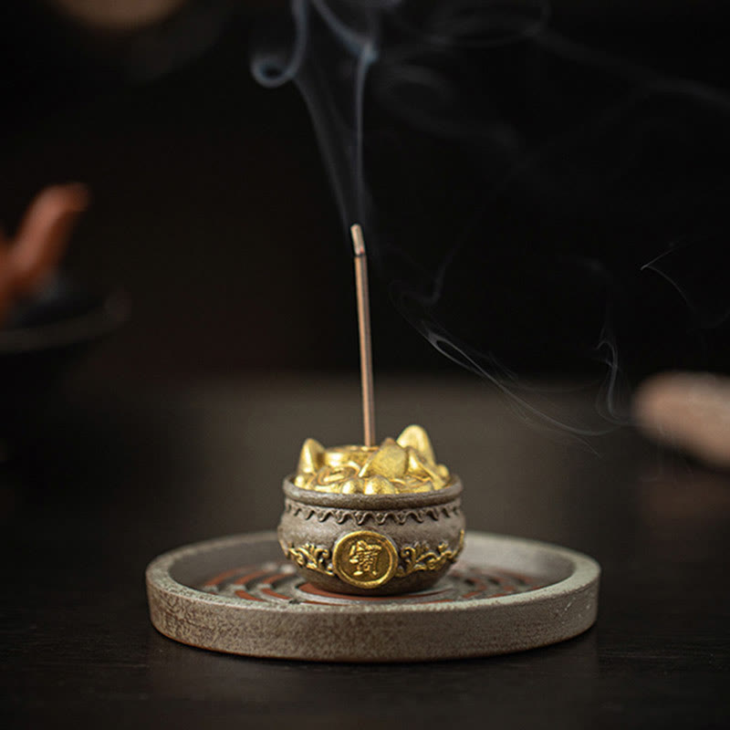 Ceramic Bagua Tray & Symbolic Wealth Vessel Stick Incense Burner