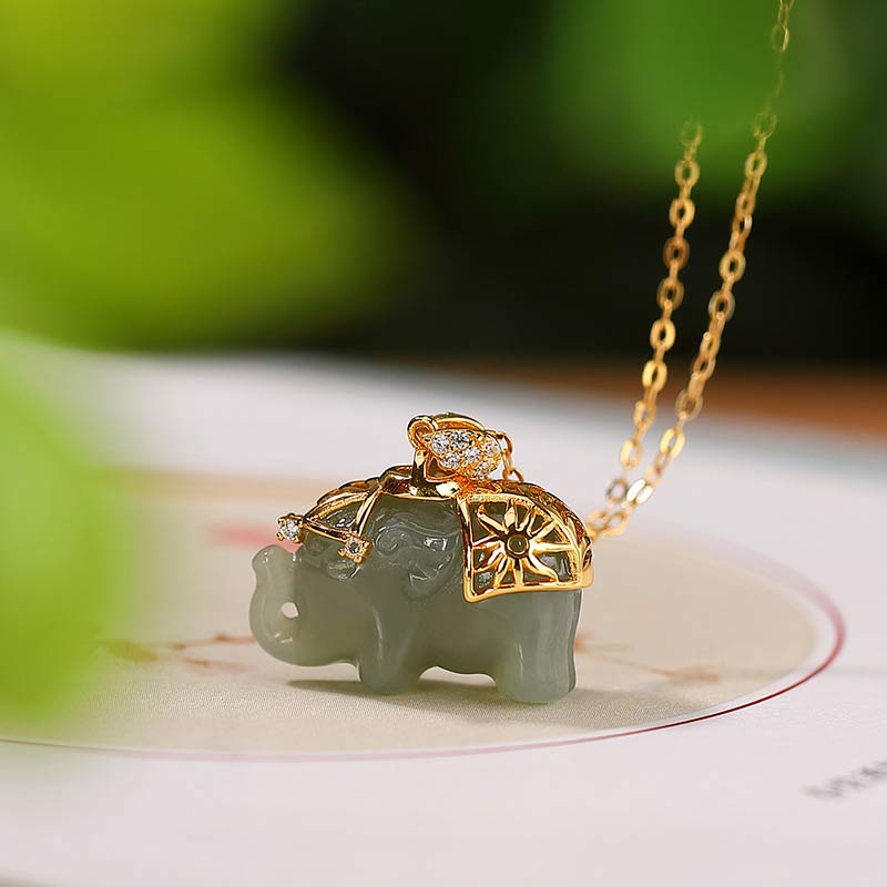 Gold Plated 925 Sterling Silver Jade Elephant Pendant Unisex Necklace