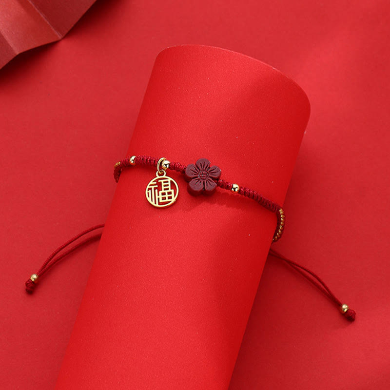 Handmade Red String Cinnabar Flower and Copper Fu Character Braided Bracelet