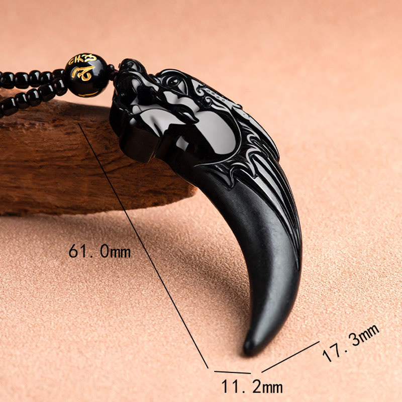 Natural Black Jade Chinese Zodiac Dragon Tooth Pattern Protection Necklace Pendant