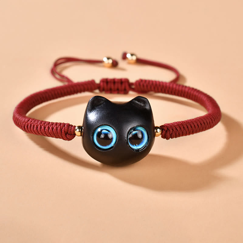 Ebony Wood Cat Head Pattern Peace King Kong Knot Braided Bracelet