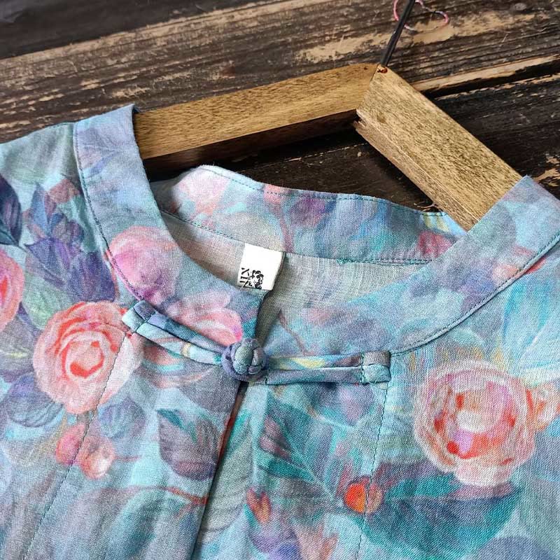 Pink Flowers Green Leaves Print Frog-button Design Long Sleeve Ramie Linen Jacket Shirt