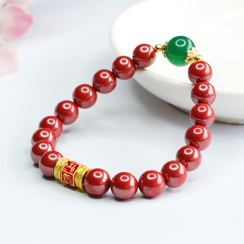 Natural Cinnabar and Green Agate Om Mani Padme Hum Inscribed Bead Bracelet