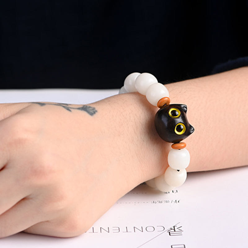 Natural Bodhi Seed Small Leaf Red Sandalwood Ebony Wood Cute Lucky Cat Wisdom Bracelet