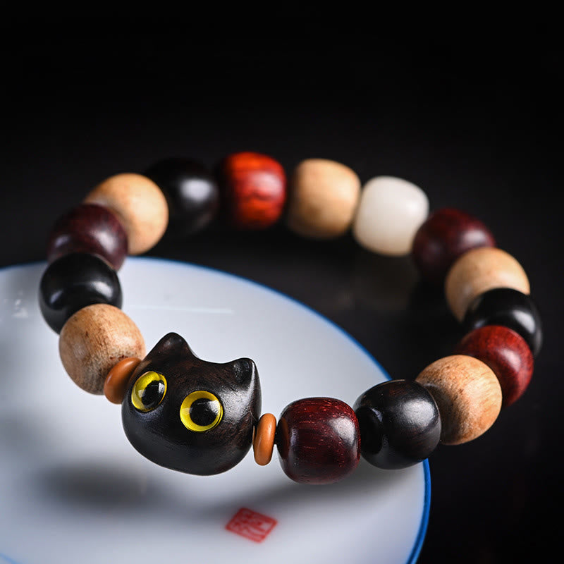 Hand-Carved Sandalwood and Ebony Wood Cute Cat Charm Bracelet
