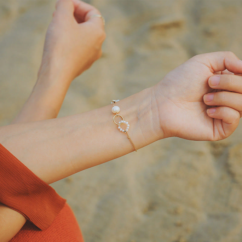 14K Gold Plated Pearl Double Peace Buckle Healing Chain Bracelet