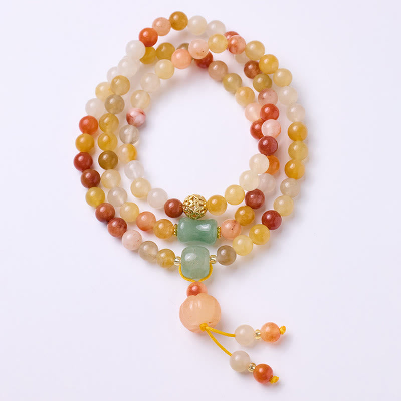 Natural Golden Silk Jade and Gold Plated Pumpkin Charm Triple Wrap Bracelet