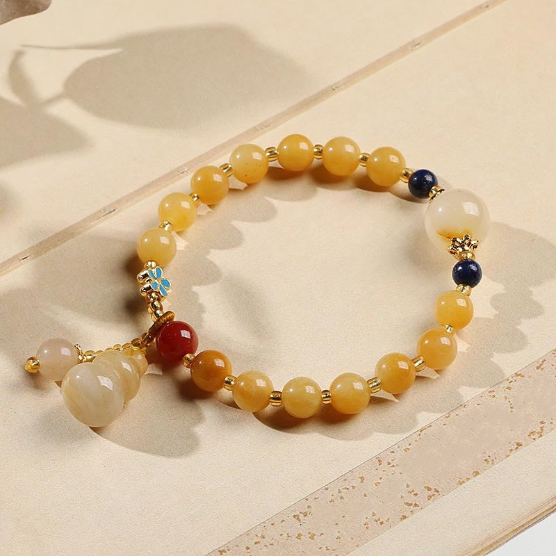 Natural Golden Silk Jade Gourd Charm Wealth Luck Bracelet