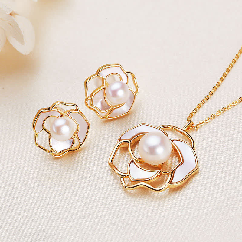 925 Sterling Silver Pearl Camellia Pattern Happiness Necklace Pendant Earrings