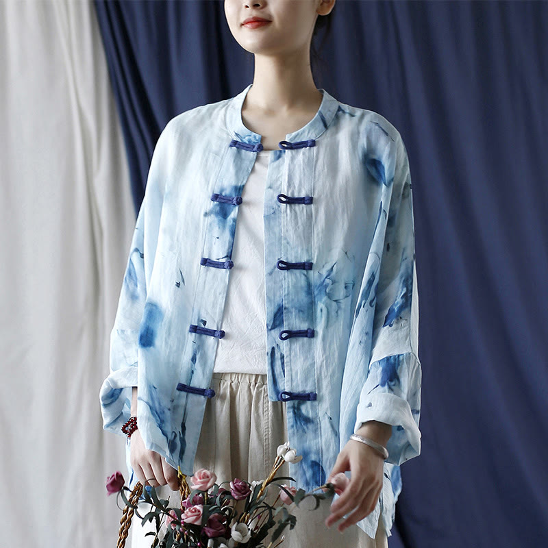 Tie Dye Blue Flowers Frog-Button Design Long Sleeve Ramie Linen Jacket Shirt