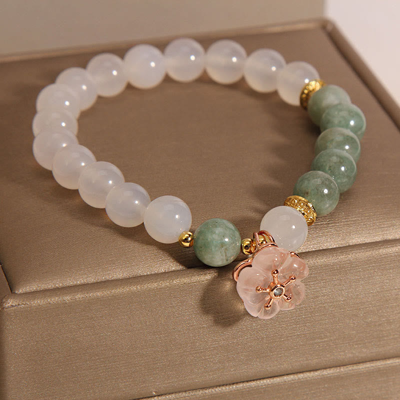 White Agate Jade Flower Charm Luck Protection Bracelet