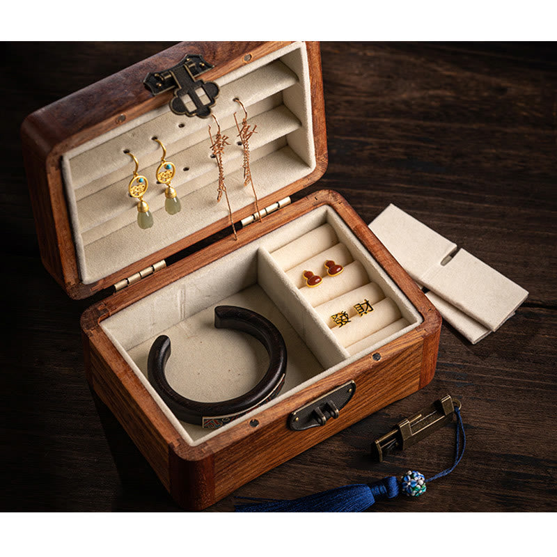 Retro Handmade Floral Rosewood Lockable Jewelry Storage Box & Keepsake Organizer