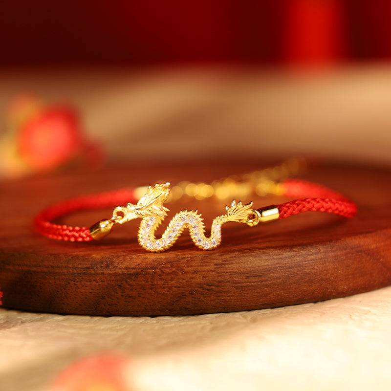 925 Sterling Silver Year Of The Dragon Auspicious Golden Dragon Luck Red Rope Chain Bracelet