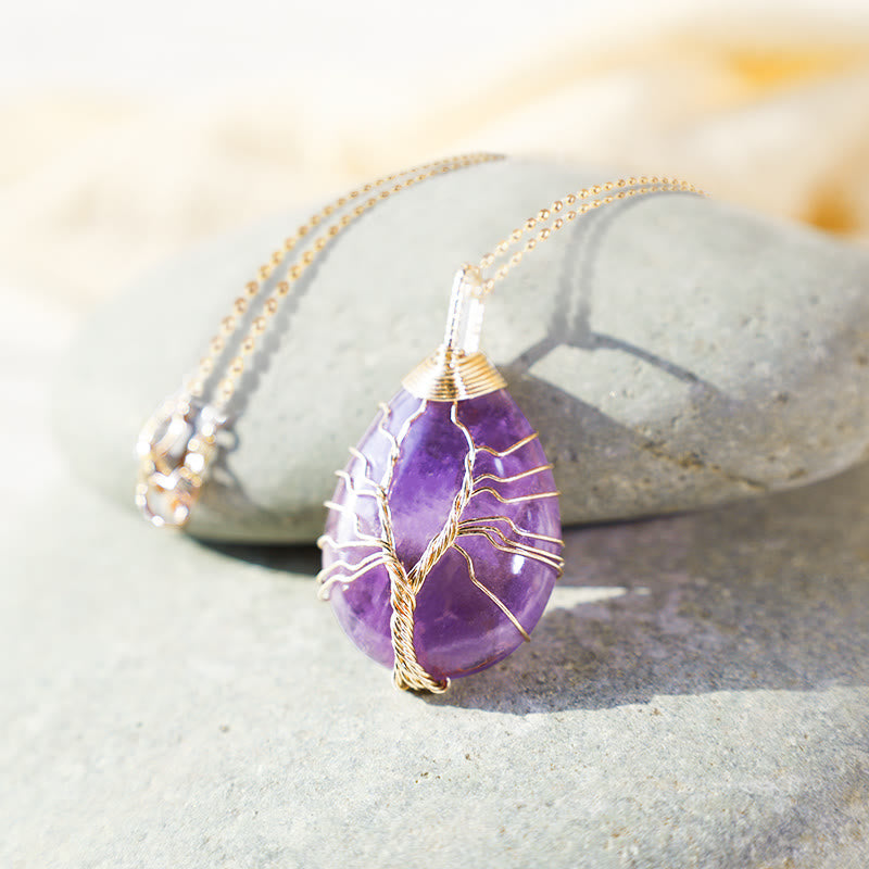 Natural Quartz Crystal Tree Of Life Healing Energy Necklace Pendant