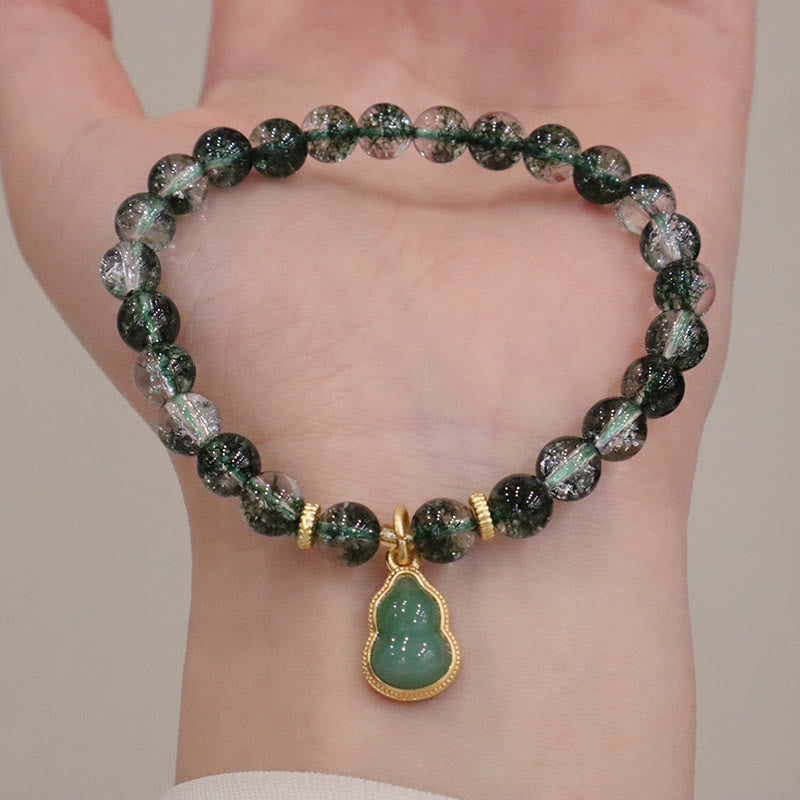 Natural Green Phantom Quartz Beaded Charm Bracelet with Buddha or Wu Lou Gourd