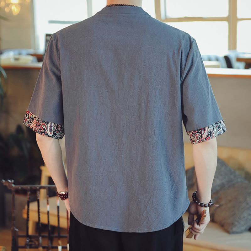 Frog-Button Dragon Embroidery Chinese Tang Suit Short Sleeve Shirt Linen Men Clothing