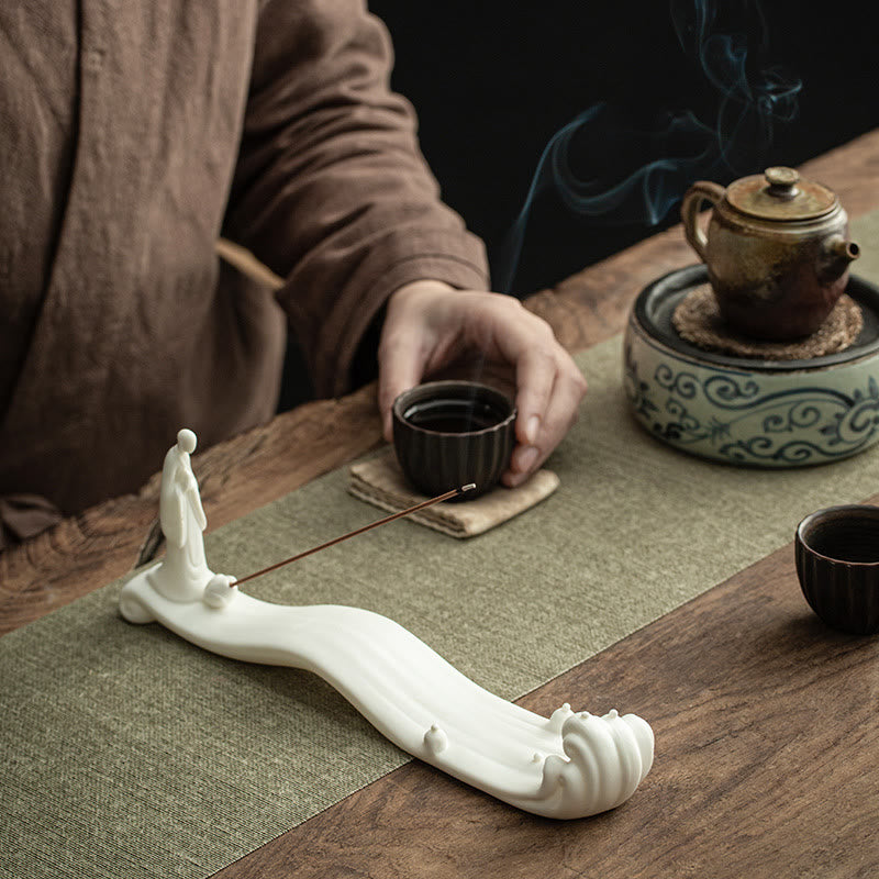 Minimalist Ceramic Monk Sea Wave and Mountain Landscape Incense Burner