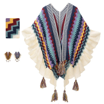 Tibetan Shawl Colorful Striped Wavy Line Tassels Winter Cozy Travel Scarf Wrap