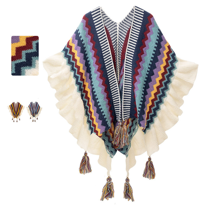 Tibetan Shawl Colorful Striped Wavy Line Tassels Winter Cozy Travel Scarf Wrap
