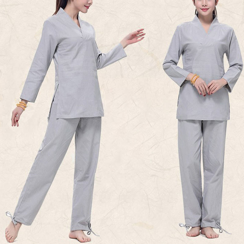 Zen Practice Yoga Meditation Prayer V-neck Design Uniform Cotton Linen Clothing Women's Set